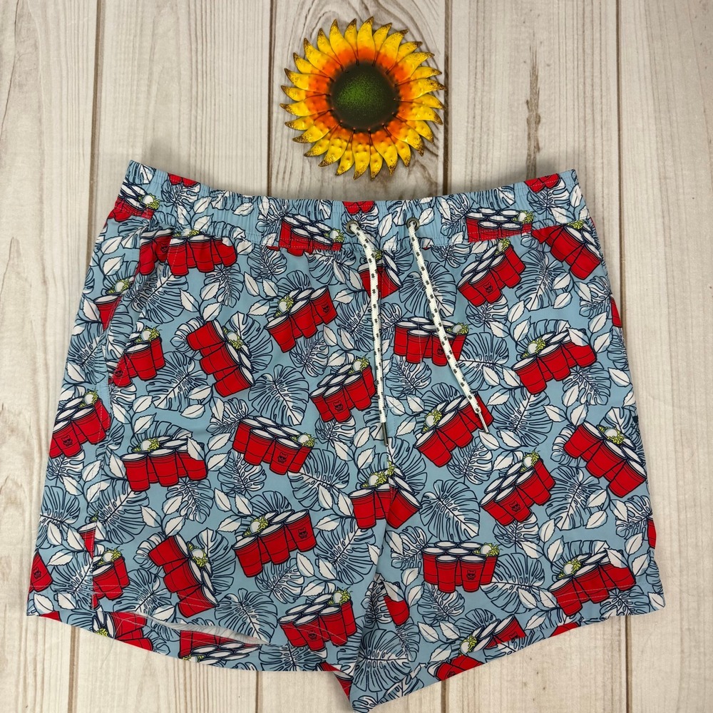Party Pants Men's Beer Pong & Palm Leaves Print‎ Swim Trunks Shorts - Large